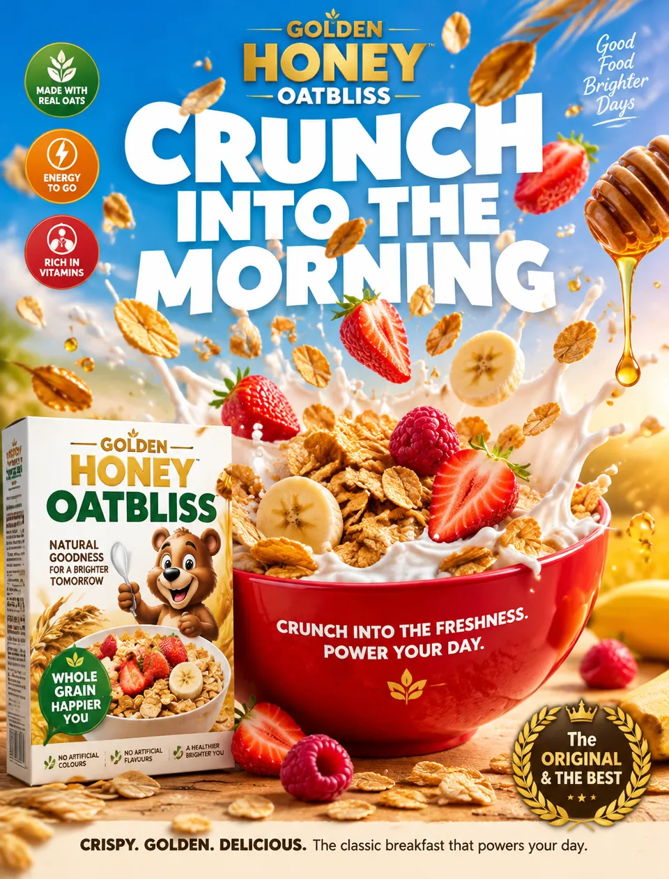 پرامپت محصول: GOLDEN HONEY OATBLISS FMCG POSTER CAMPAIGN