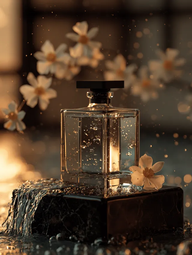 Ultra-premium luxury perfume bottle standing on a polishe...