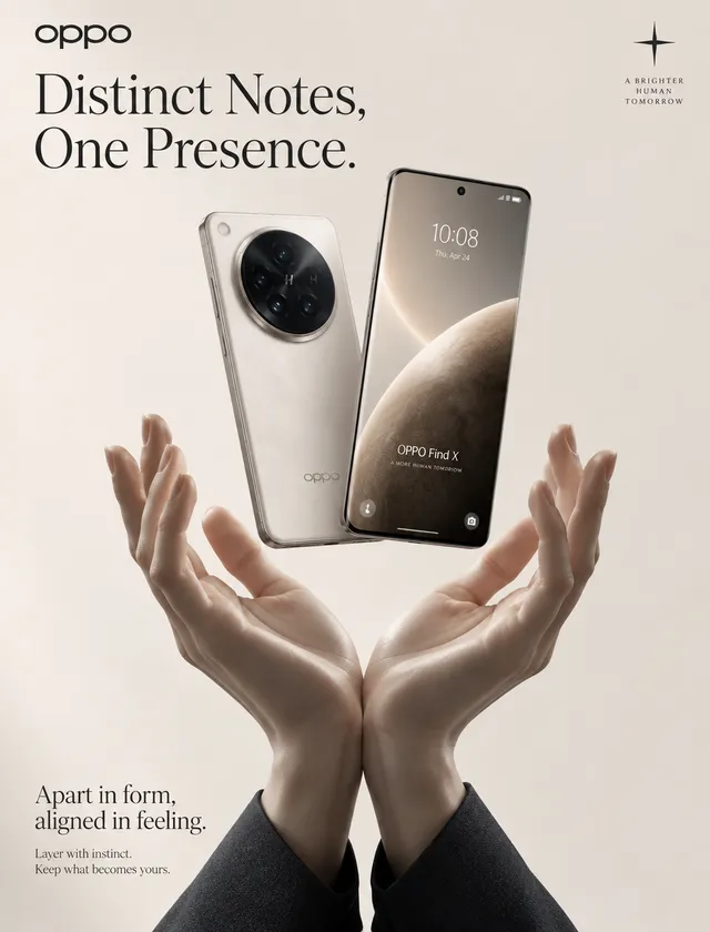 戛纳级奢侈广告海报，为 OPPO 设计。产品主导型编辑静物大片，融合雕塑氛围、藏家级材质精度与策展人式极简克制。竖...