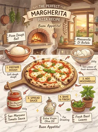 پرامپت سه‌بعدی: margherita pizza recipe infographic, Studio…