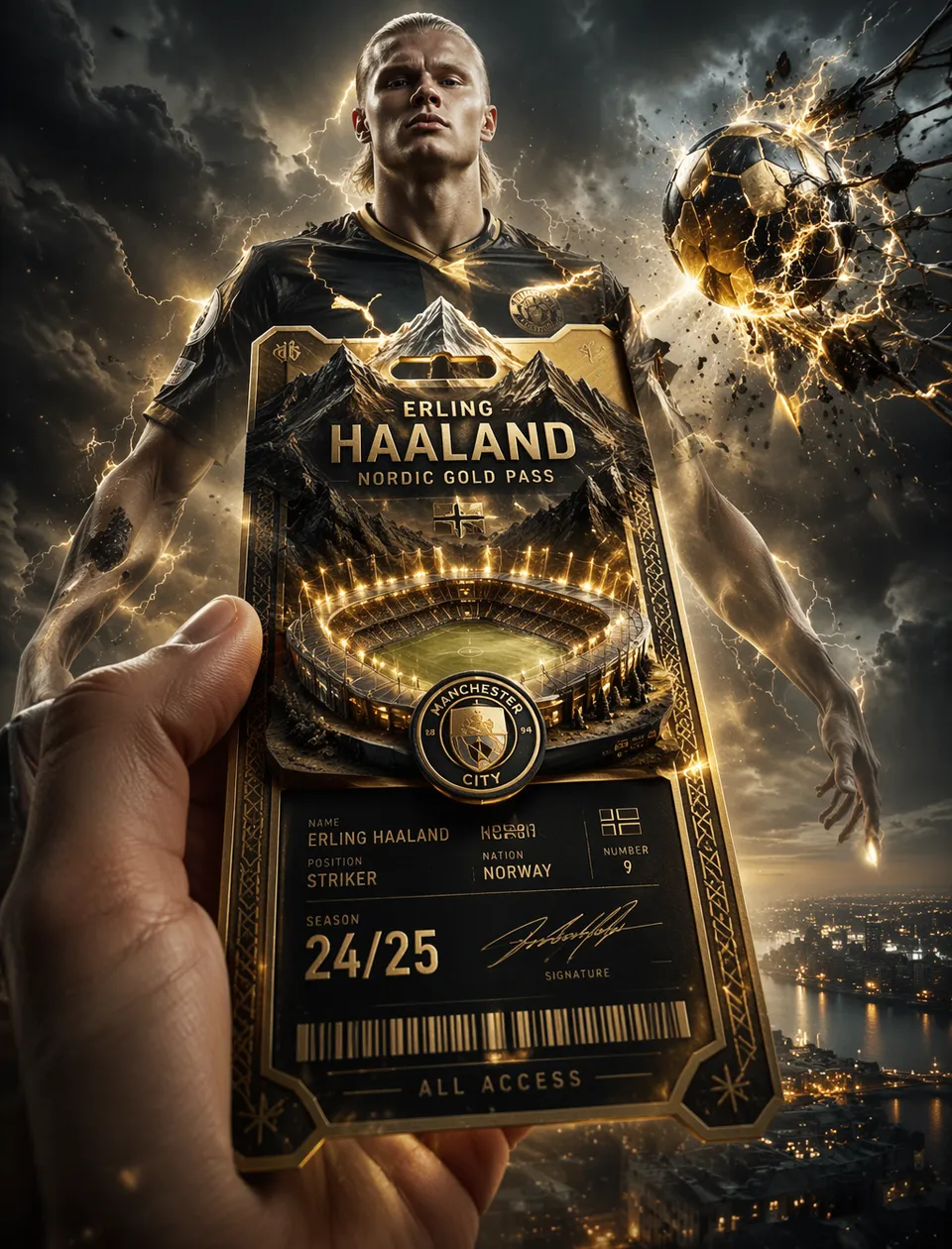 پرامپت طراحی: Erling Haaland Create a Nordic gold and black…