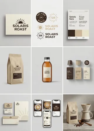 پرامپت لوگو: brand name , complete brand identity grid, 3x3…