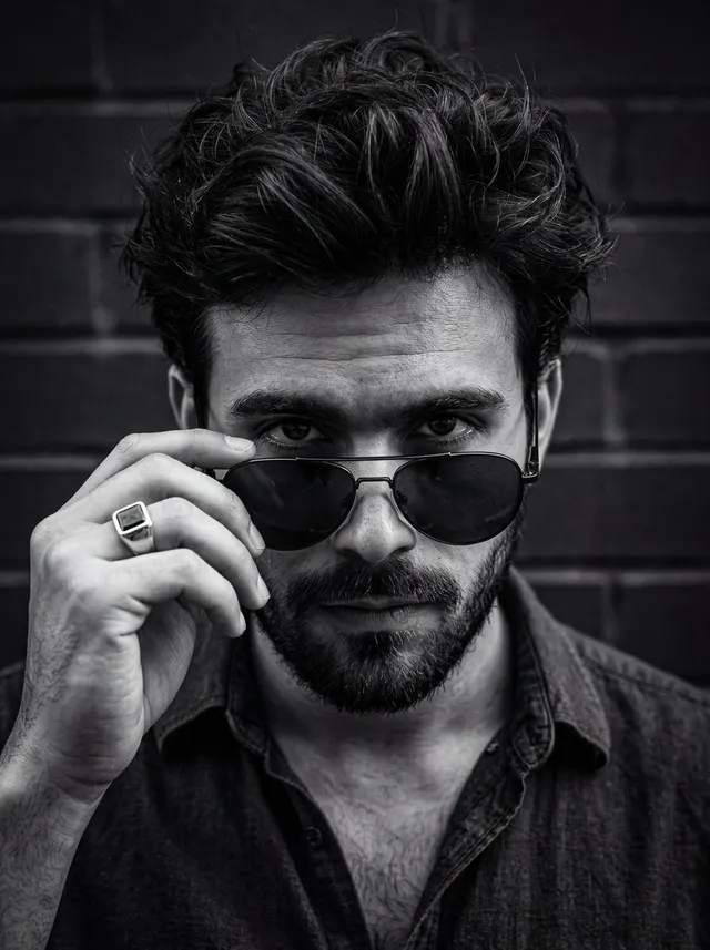 A close-up, high-contrast black and white portrait of a m...