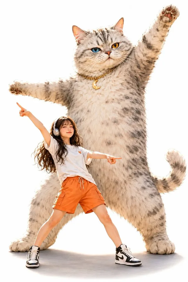 A dynamic image featuring a giant anthropomorphic cat bas...