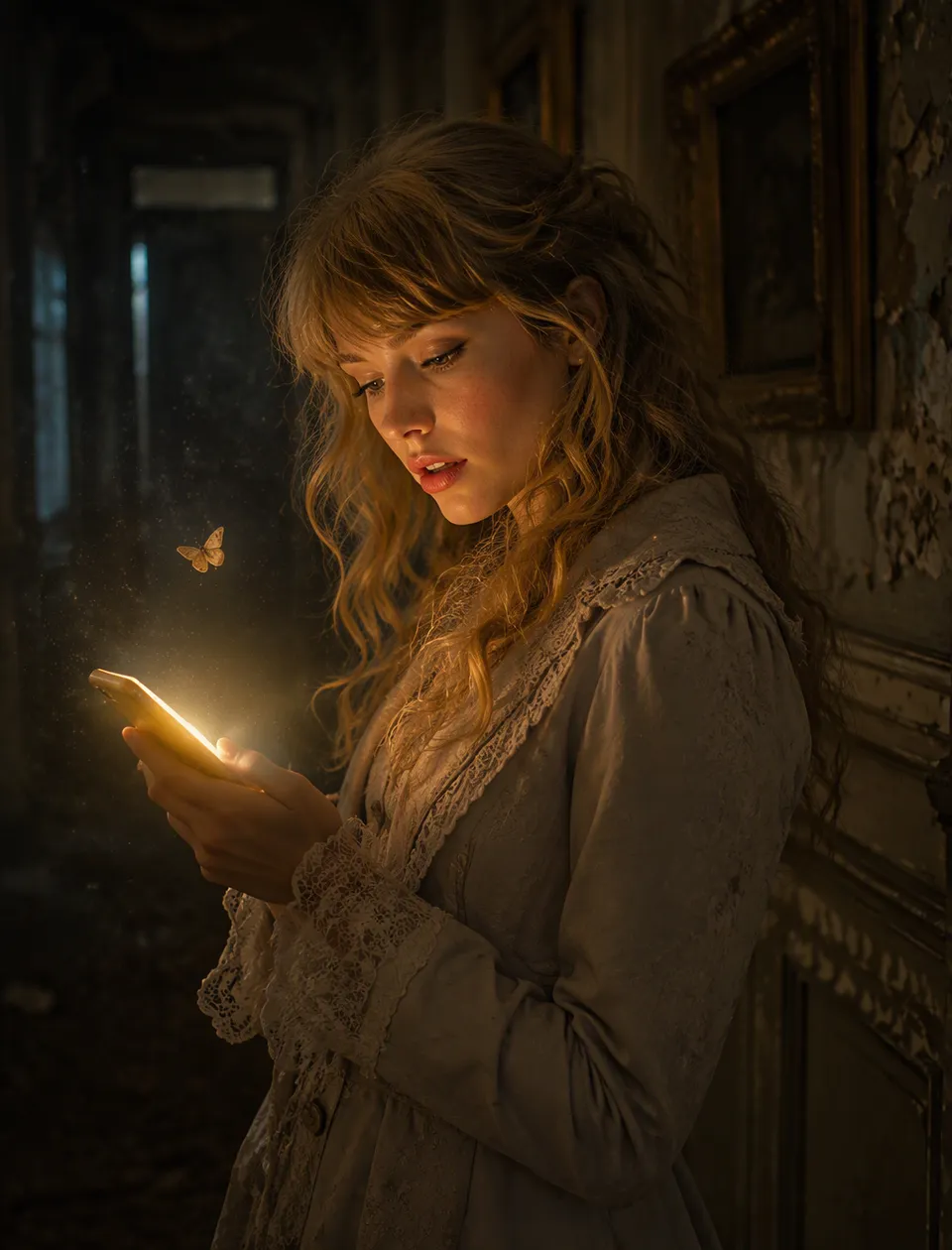 پرامپت عکاسی: In a decaying Victorian-era hallway, Taylor…