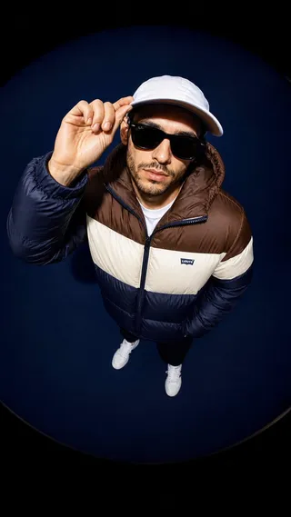 پرامپت عکاسی: A high-angle fisheye lens shot of a male model…
