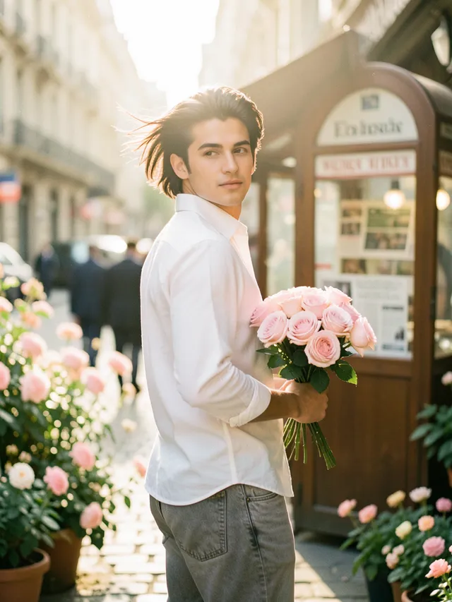 A beautiful young man with dark flowing hair holding a bo...