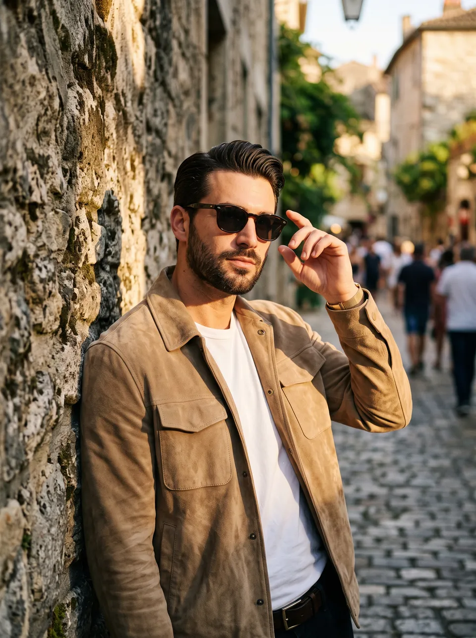 Photography prompt: A cinematic golden hour portrait of a stylish man leaning...