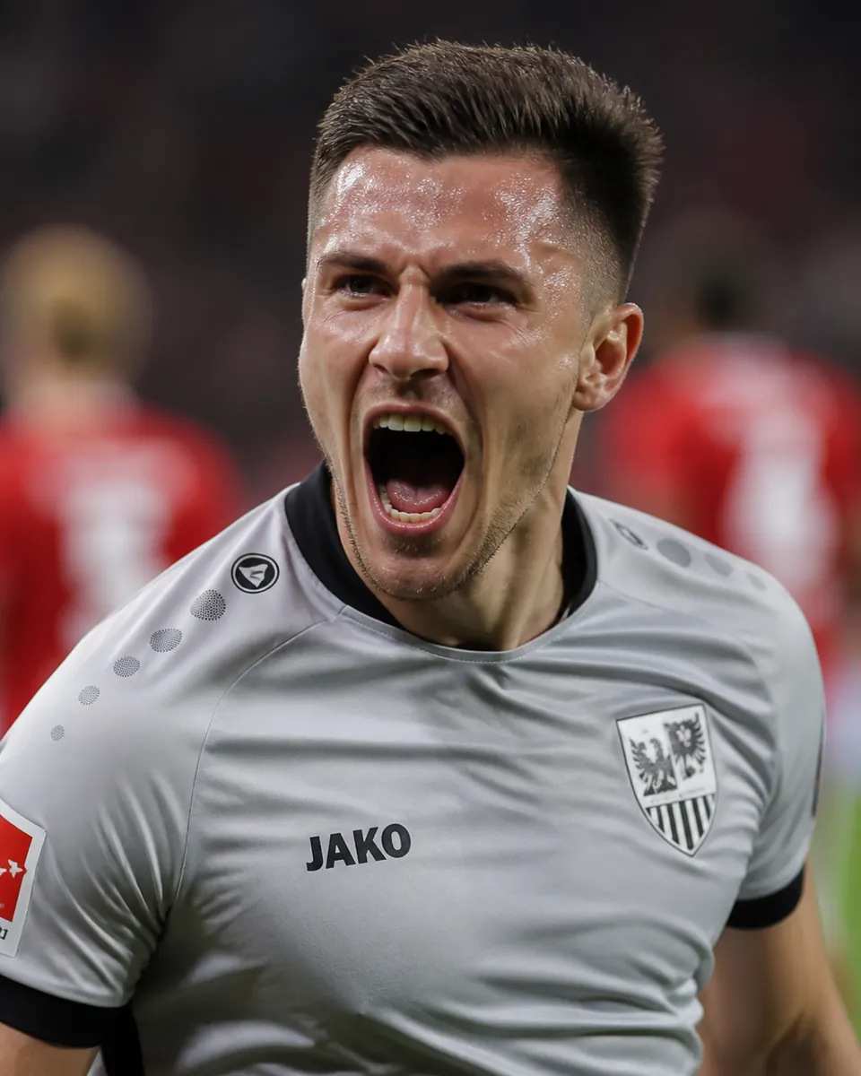 پرامپت عکاسی: A professional soccer player celebrates a goal…