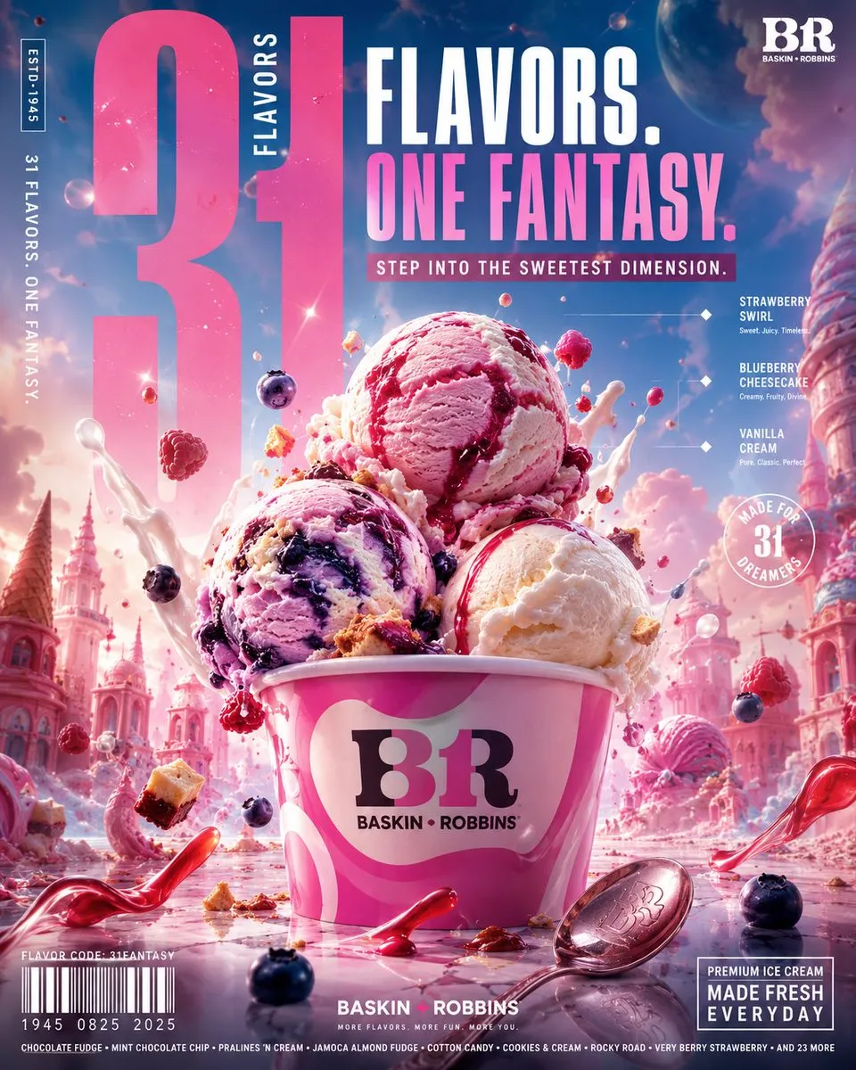پرامپت محصول: BASKIN ROBBINS — “31 FLAVORS. ONE FANTASY.”