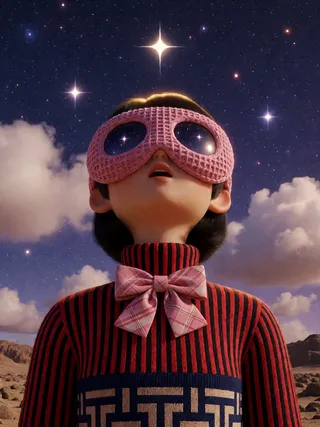 پرامپت سه‌بعدی: 超现实3D人物肖像，低角度仰拍，一个风格化的人形头部后仰、微张嘴巴，戴着巨大的粉色针织华夫格纹…