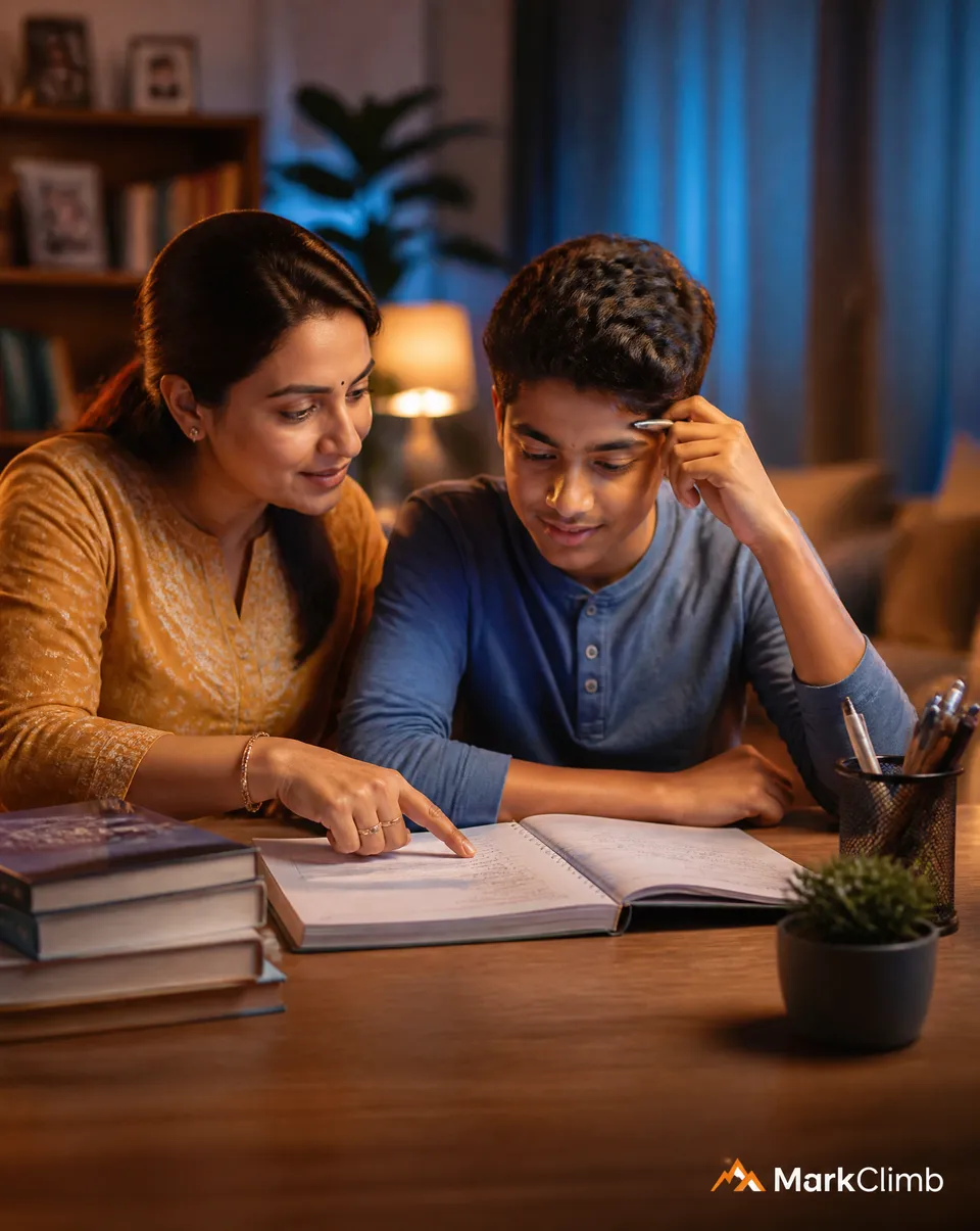 پرامپت عکاسی: A warm, well-lit Indian living room. A mother…