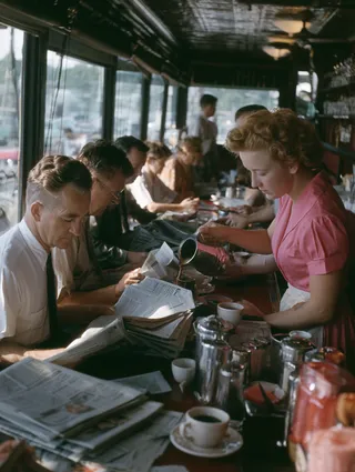 پرامپت عکاسی: 1954 neighborhood coffee shop filled with…