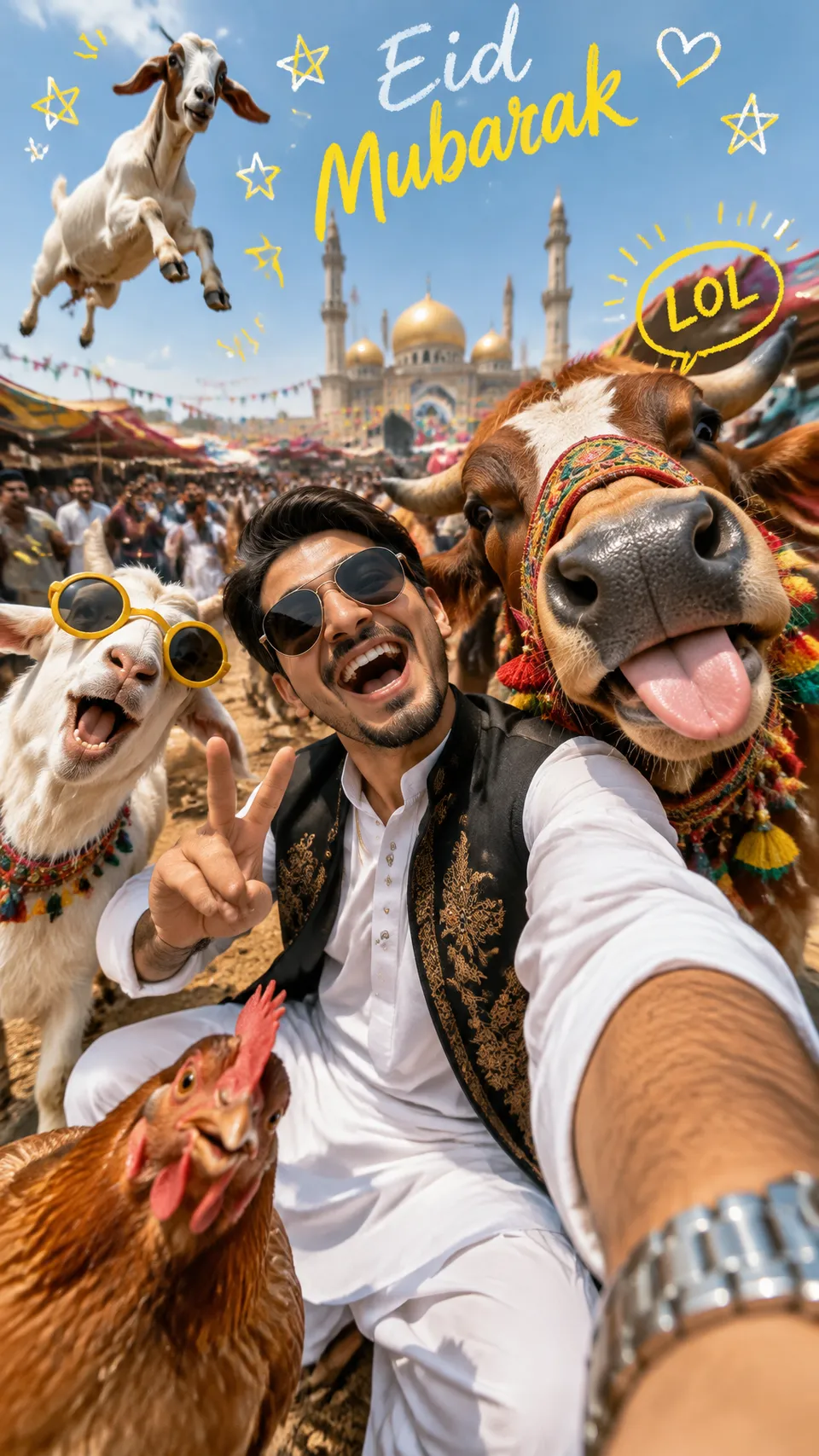Photography prompt: A hyper-realistic wide-angle selfie photograph with playf...