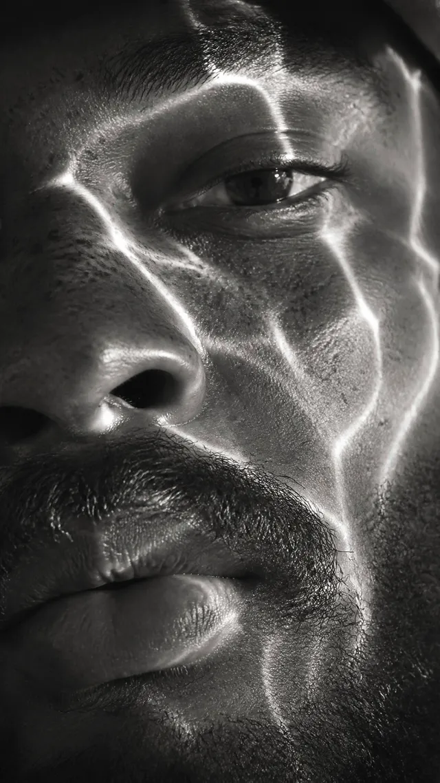A hyperrealistic 8K black and white extreme close-up port...