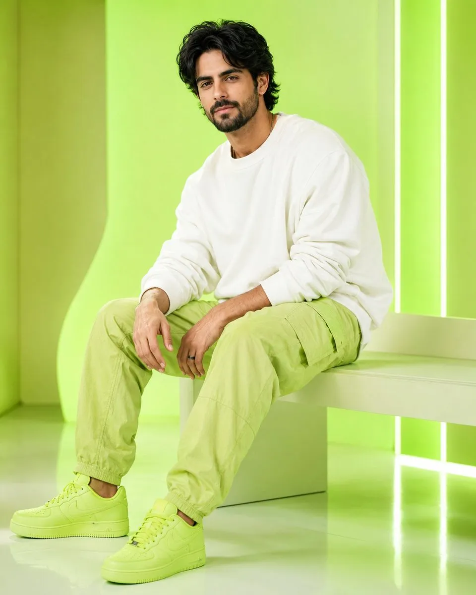 Photography prompt with Nano Banana Gemini : Ultra-realistic fair handsome young Indian man sitting on...
