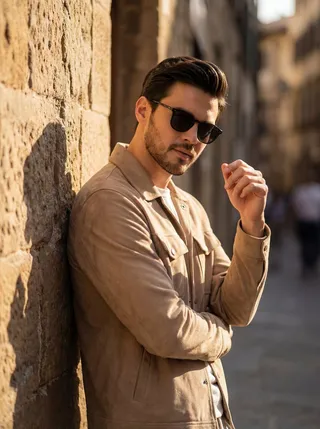 Photography prompt with Nano Banana Gemini : A cinematic golden hour portrait of a stylish man leaning...