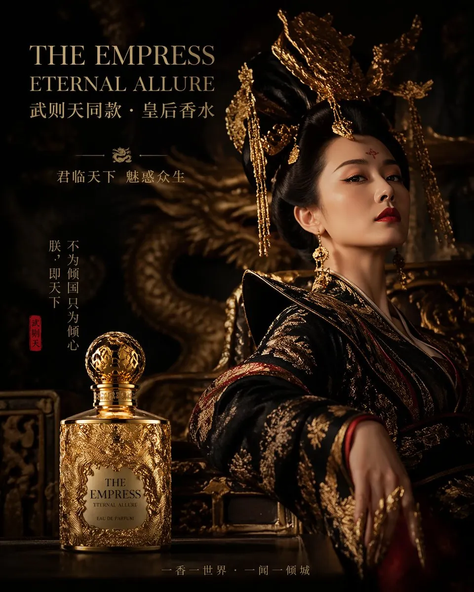 پرامپت عکاسی با چت جی پی تی GPT Image : 武则天同款皇后香水广告，龙纹金瓶，暗黑宫廷氛围感大片 - ساخته‌شده با چت جی پی تی GPT Image