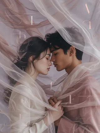 Photography prompt with Grok: 一个高端杂志摄影提示词，用于创作融合排版设计与半透明丝绸波纹的浪漫美学情侣肖像。 —— 一个由 GPT Image...