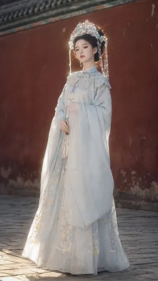 پرامپت عکاسی: 竖幅中全身古风人像，少女身着蓝白改良明制汉服，立领刺绣云肩，半透冰蓝珠光纱裙，裙身浅黄花刺绣；…