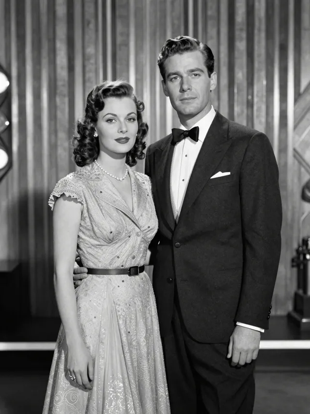 Create a 4K portrait of a thin couple dressed in classic ...