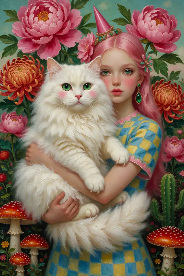 超现实奇幻油画风，竖版构图，粉发少女怀抱一只巨大的雪白长毛猫，少女拥有精致冷艳的面容、红润腮红、碧绿色眼睛，头戴粉...