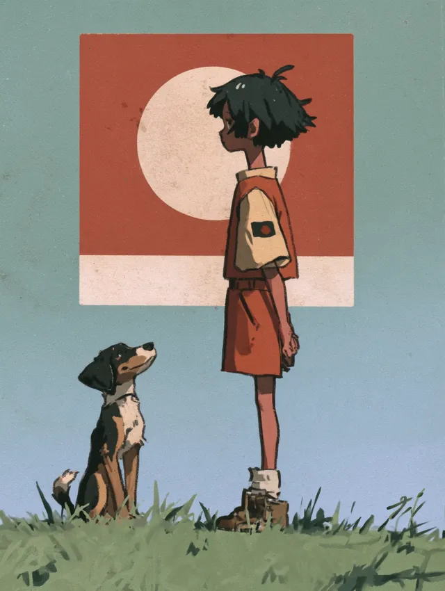 boy，dog and moon