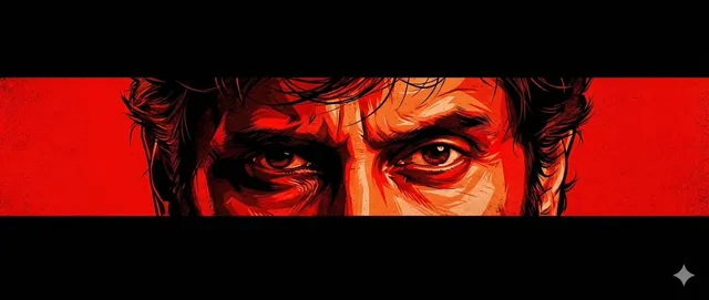 A cinematic poster-style artwork featuring an intense clo...