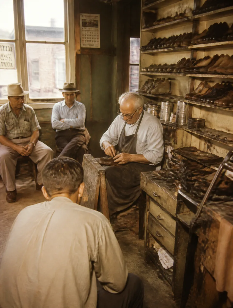 پرامپت عکاسی با چت جی پی تی GPT Image : small neighborhood shoe repair shop in 1955,… - ساخته‌شده با چت جی پی تی GPT Image