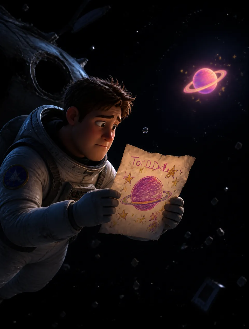 پرامپت سه‌بعدی با چت جی پی تی GPT Image : A young astronaut floats alone outside a… - ساخته‌شده با چت جی پی تی GPT Image