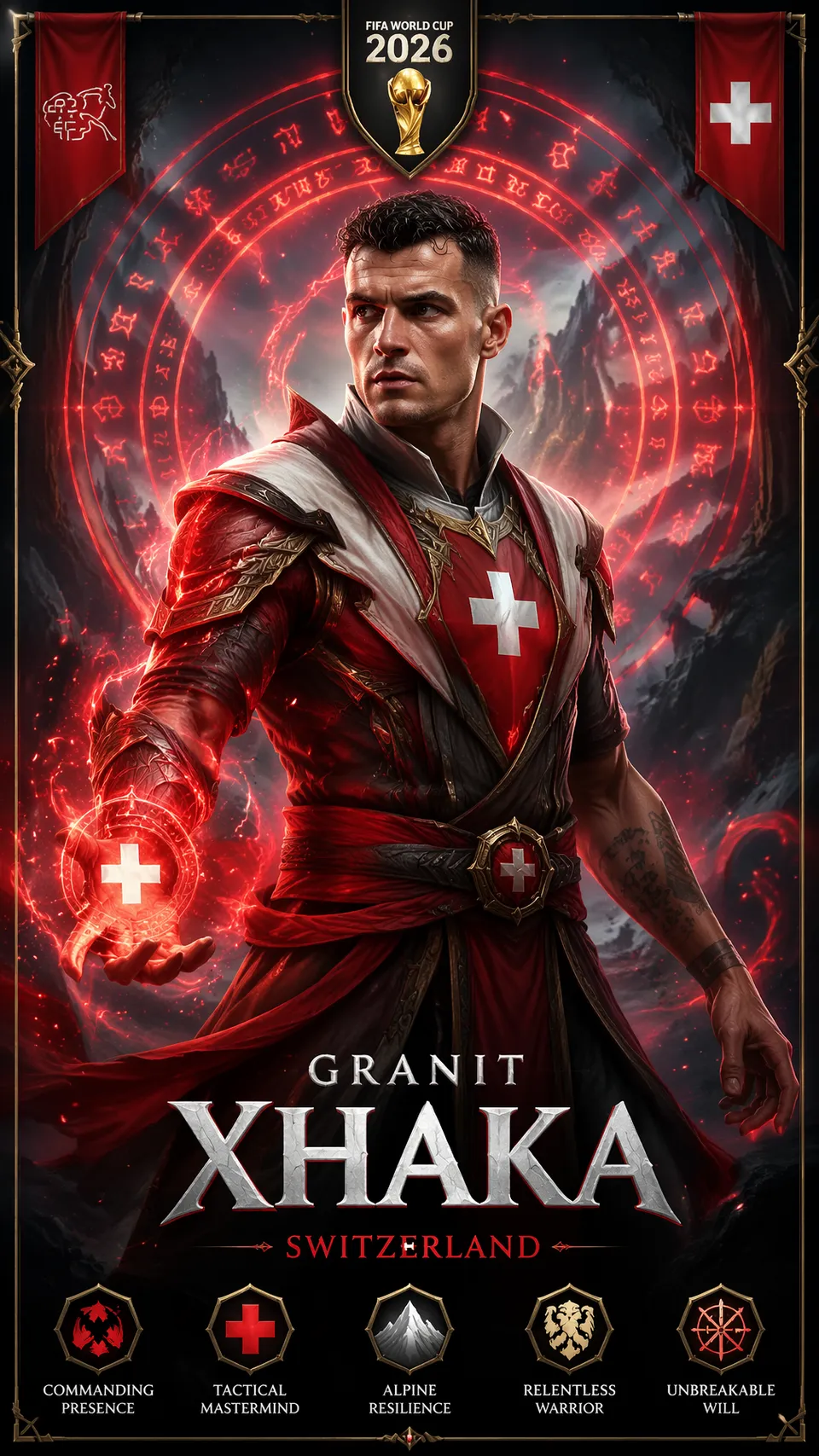 پرامپت طراحی با چت جی پی تی GPT Image : Switzerland — Granit Xhaka — Mortal Kombat… - ساخته‌شده با چت جی پی تی GPT Image