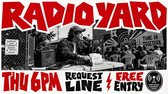 A 16:9 street event poster in a jagged red street-photo s...