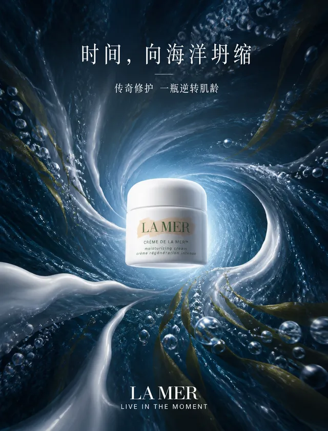 为La Mer精华面霜制作「万有引力」产品广告海报。主体：La Mer经典白色瓷瓶面霜悬浮于视觉中心，作为强大引力...