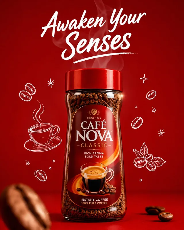 Wide advertising poster layout, glass coffee jar with red...