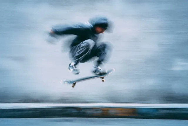 A blurred silhouette of a [Subject] in motion, wearing a ...
