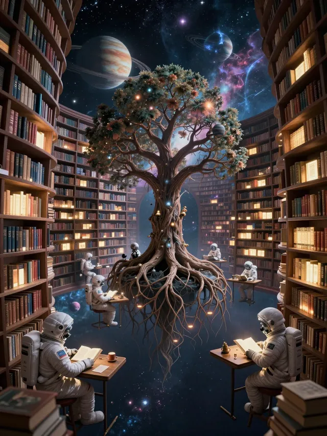 A vast library floating in space, where each book glows f...