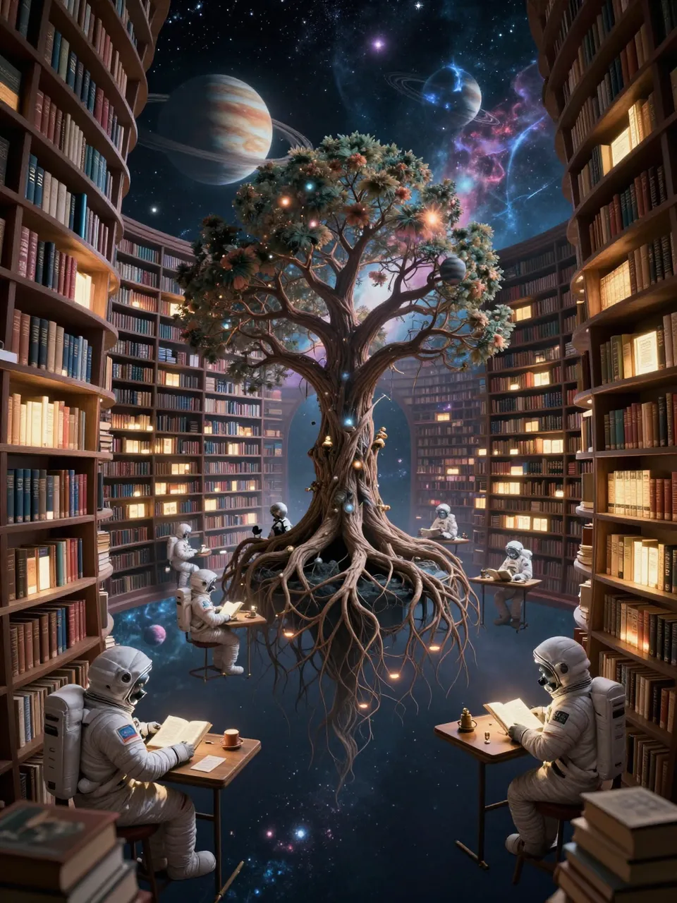 پرامپت پس‌زمینه با Z Image Turbo: A vast library floating in space, where each… - ساخته‌شده با Z Image Turbo