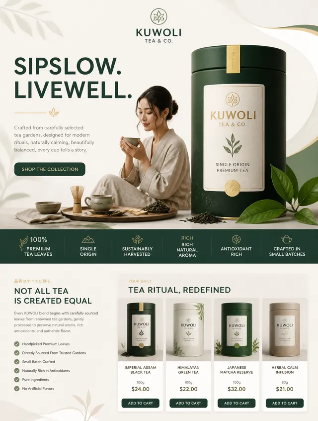 Create a premium luxury advertising poster for "KUWOLI Tea & Co." that blends Japanese tea culture, contemporary minimalism, and high-end li