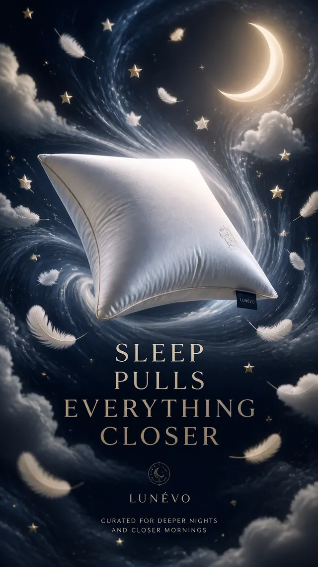 A premium 9:16 bedding advertising poster.Main Subject:A luxury pillow floating against a minimal background.The fabric gently bends space a