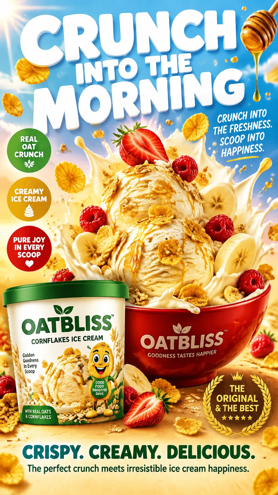 پرامپت محصول با چت جی پی تی GPT Image : GOLDEN HONEY OATBLISS ICE CREAM CORNFLAKES —… - ساخته‌شده با چت جی پی تی GPT Image