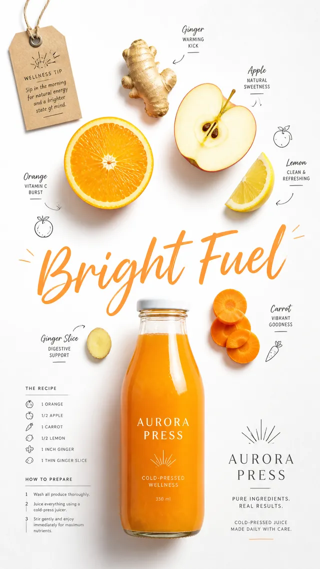 Create a premium editorial juice-campaign poster for a fictional wellness beverage brand called AURORA PRESS, refined in a more internationa