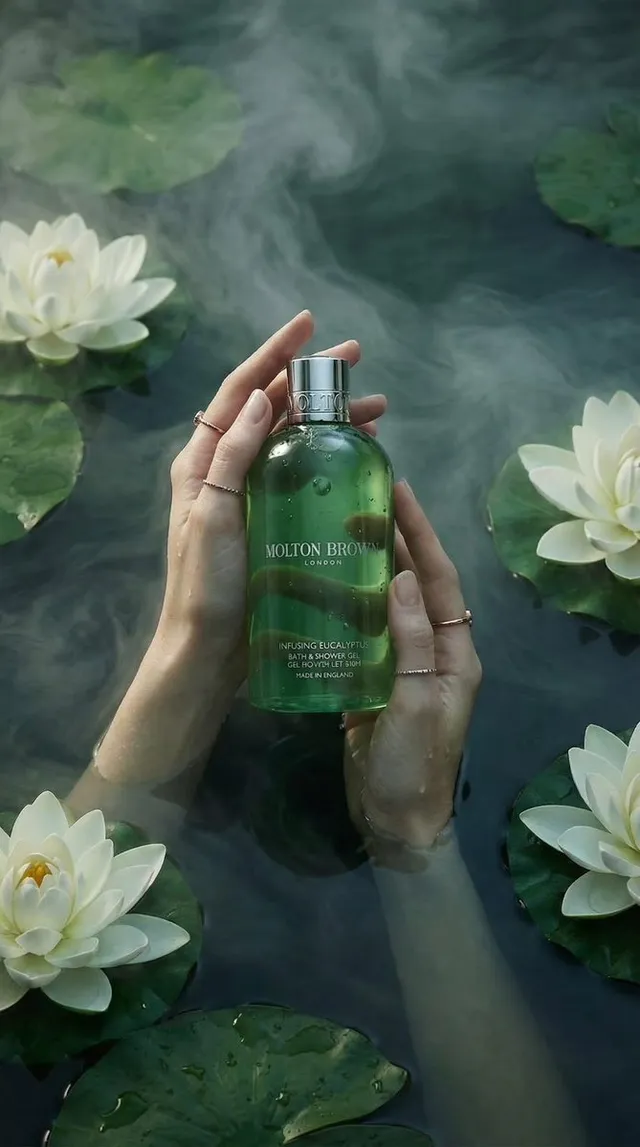 Luxury product photography of a green translucent bath and shower gel bottle held gently by two feminine hands submerged in calm water. The