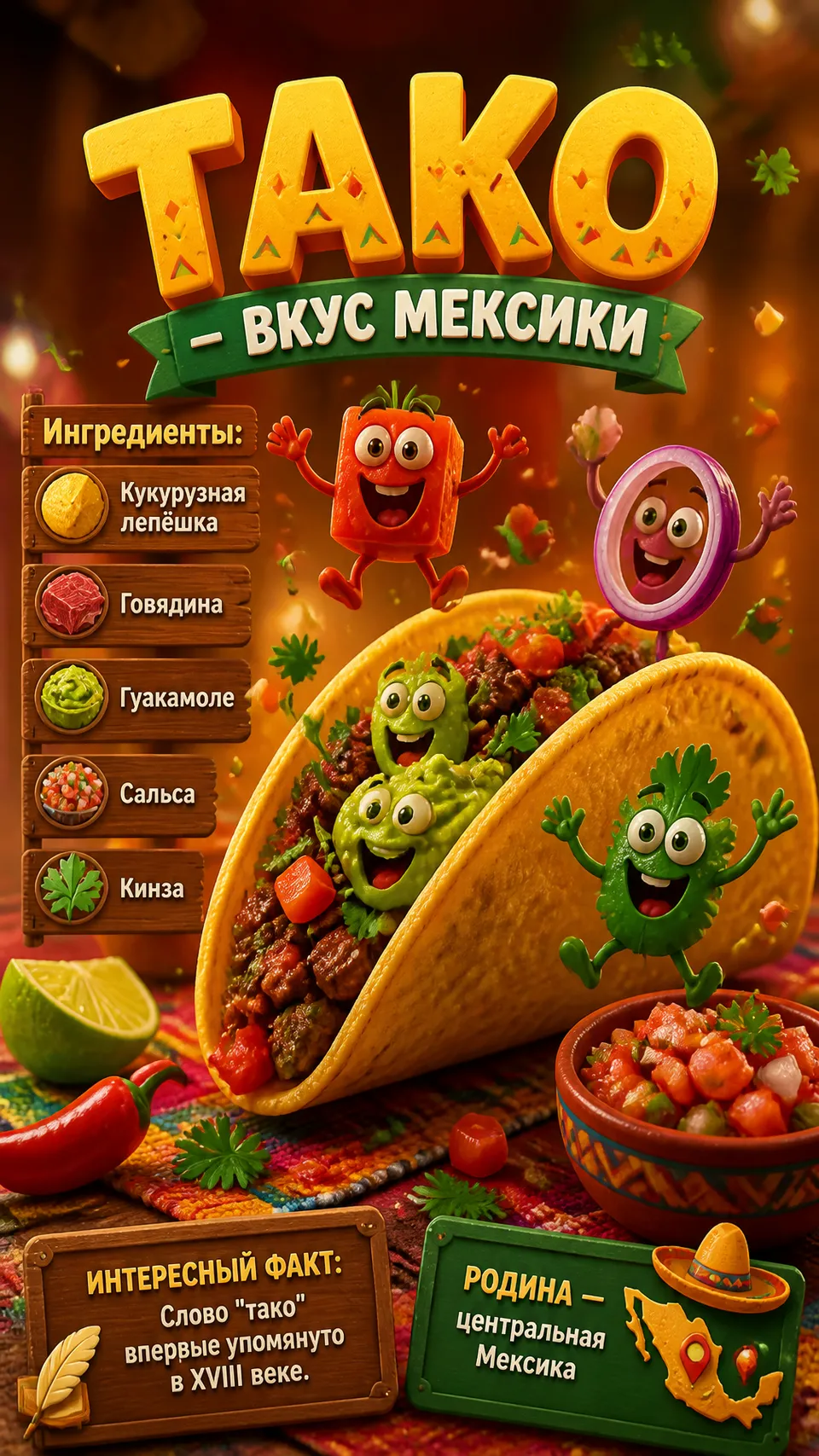 پرامپت محصول با چت جی پی تی GPT Image : Тако Мексика — 3D мультяшный стиль Pixar-like… - ساخته‌شده با چت جی پی تی GPT Image