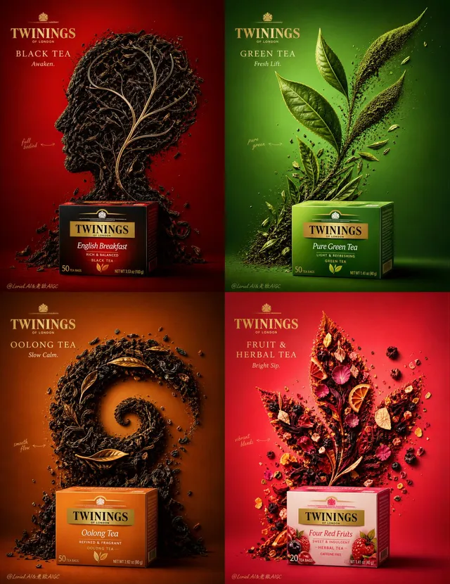 Create an ultra-premium 4-panel commercial poster for Twinings, featuring four real tea products: black tea, green tea, oolong tea, and frui
