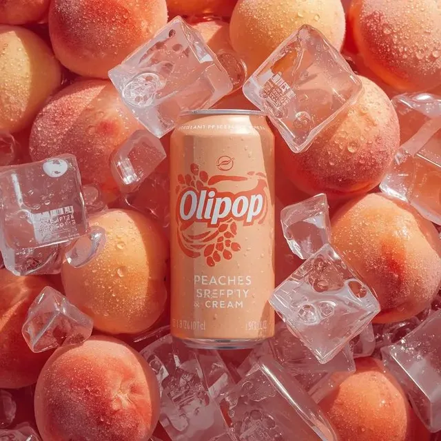Ultra-realistic commercial product photography of a pastel peach-colored soda can labeled “OLIPOP – Peaches & Cream” placed upright in the c