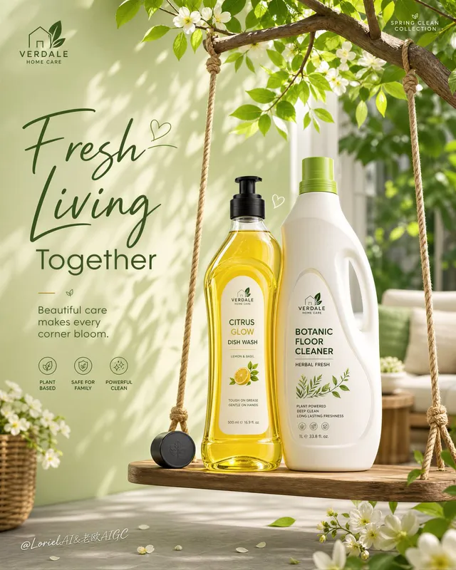 Create an ultra-premium commercial household-cleaning advertising poster in a polished stylized 3D realism style, preserving the exact core