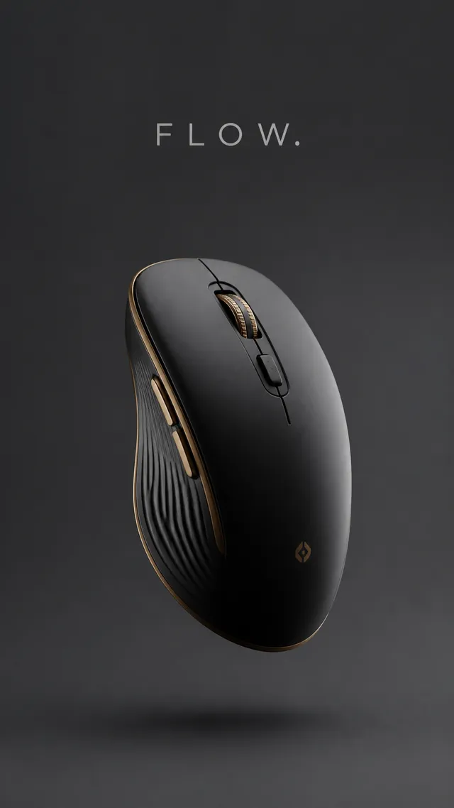 Premium product photography.Main Subject:
Luxury computer mouse.Creative Direction:
Floating naturally.Background:
Soft graphite.Typography: