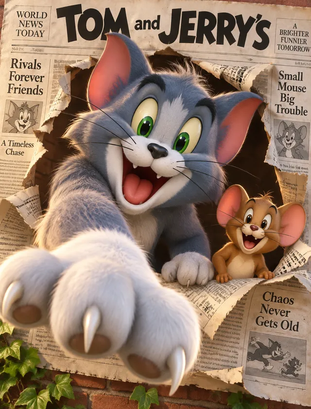 Highly detailed 3D CGI digital illustration of classic Tom and Jerry characters bursting dynamically through a large torn newspaper, photore