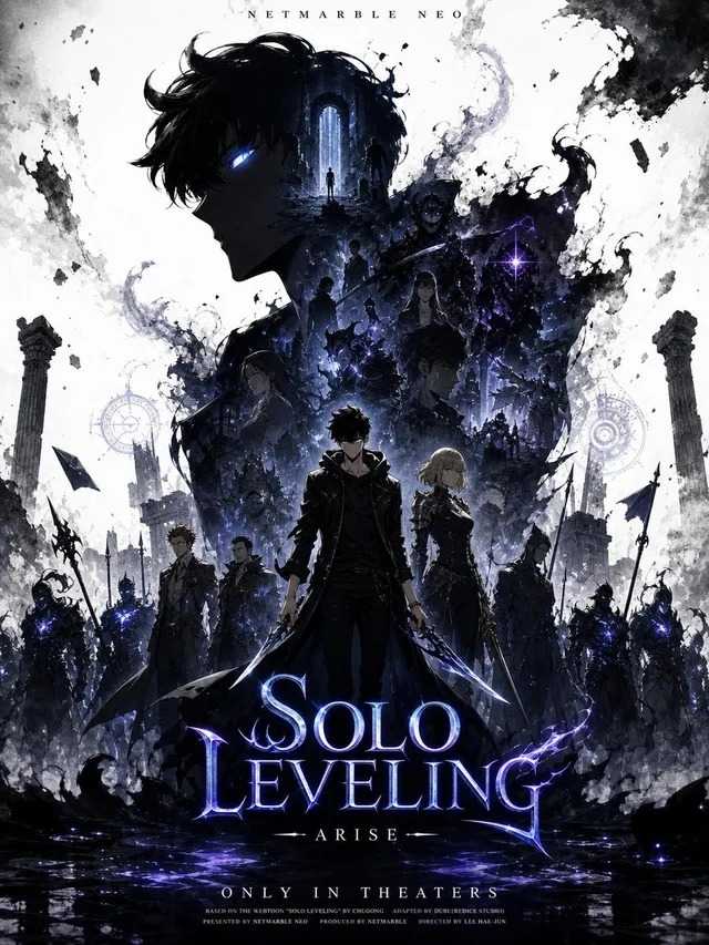 Create a promotional poster of a SOLO LEVELING-themed character with a vertical Facebook portrait post composition (4:5 ratio, 1080x1350). U
