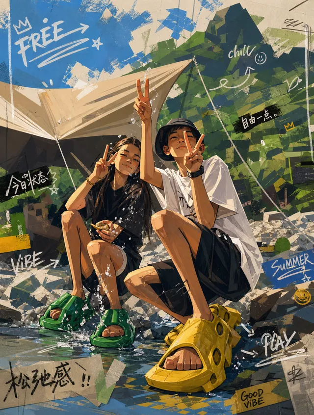 将上传人物照片转化为一张完整的潮流角色海报。

重点不是写实还原，而是提炼人物识别特征并进行角色化重构。保留原人物的发型、脸型气质、表情、穿搭颜色、姿势、鞋子和重要配饰，让人能看出原人物特点，但人物不能写实。

人物风格要求：
夸张潮流角色，街头少年感，松弛、自信、张扬，数字厚涂
